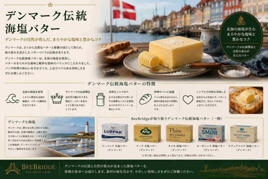 デンマーク伝統海塩バター
デンマークは世界有数の酪農国であると同時に、海に囲まれた国でもあります。そのため乳製品と海塩を組み合わせた商品が数多く発展してきました。
一部の伝統ブランドでは、蒸発結晶によって作られた海塩フレークを使用しています。細かく均一に混ぜ込むのではなく、あえて塩の存在感を残すことで、バターそのものだけでなく塩の食感も楽しめる商品として販売されています。
もちろん、すべてのバターが同じ考え方で作られているわけではありません。
世界のバター市場には、大量生産と価格競争を目的としたコモディティバターも数多く存在します。こうした商品は安定供給と均一性を重視しており、どこの牧草地で生産されたのか、どの地域の酪農文化を反映しているのかは重要視されません。
BeeBridgeが選定するバターは、その対極にあります。私たちは生産地域、酪農文化、生産者の背景を確認し、その土地ならではの特徴を持つ商品を優先しています。だからこそ、BeeBridgeのバターは単なる乳製品ではなく、ヨーロッパ各地の酪農地域そのものを表現する商品として価値を持っています。