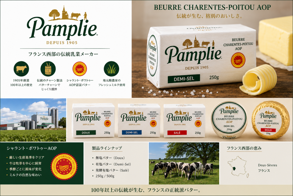 Pamplie（フランス） カテゴリー： AOPバター、生乳バター、バラット製法バター、業務用 特徴： Beurre Cru de Baratte（生乳発酵バター）