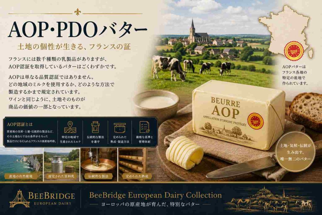 AOP・PDOバター
フランスには数千種類の乳製品がありますが、AOP認証を取得しているバターはごくわずかです。
AOPは単なる品質認証ではありません。どの地域のミルクを使用するか、どのような方法で製造するかまで規定されています。ワインと同じように、土地そのものが商品の価値の一部となっています。