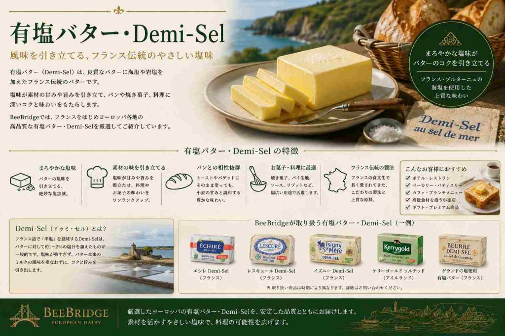 有塩バター・Demi-Sel
日本市場では無塩バターへの関心が高い一方で、ヨーロッパでは有塩バターも重要なカテゴリーとして発展してきました。
特にフランス北西部のブルターニュ地方は有塩バター文化で知られています。現在でもフランスのスーパーマーケットでは無塩バターと有塩バターが並んで販売されており、有塩バターは日常的な食卓用バターとして親しまれています。
Demi-Sel(ドゥミ・セル)はフランス独自のカテゴリーで、無塩と有塩の中間に位置するバターです。フランスではパンやヴィエノワズリーとともに広く利用されています。