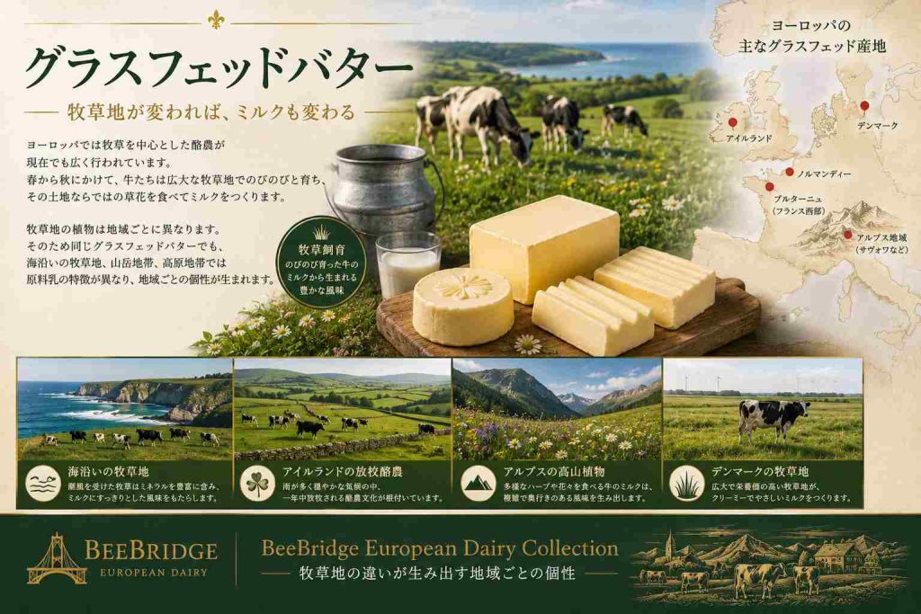 グラスフェッドバター
BeeBridgeが取り扱うバターの多くは、牧草や乾草を中心とした酪農地域から選定されています。フランス西部、アイルランド、デンマーク、アルプス地域などでは、現在でも放牧を中心とした酪農が広く行われており、地域の酪農文化そのものがバターづくりに反映されています。
グラスフェッドバターの価値は、単に「牛が牧草を食べている」という点だけではありません。どのような土地で、どのような植物に囲まれて育った牛のミルクを使用するかによって、原料乳の個性が生まれます。ワインが畑によって違いを生むように、バターもまた酪農地域ごとの特徴を持っています。
海沿いの牧草地、アルプスの高山牧草地、北欧の草地など、ヨーロッパには多様な酪農環境が存在します。そのため同じグラスフェッドバターであっても、生産地域によって異なる個性とストーリーを持つことが大きな魅力となっています。