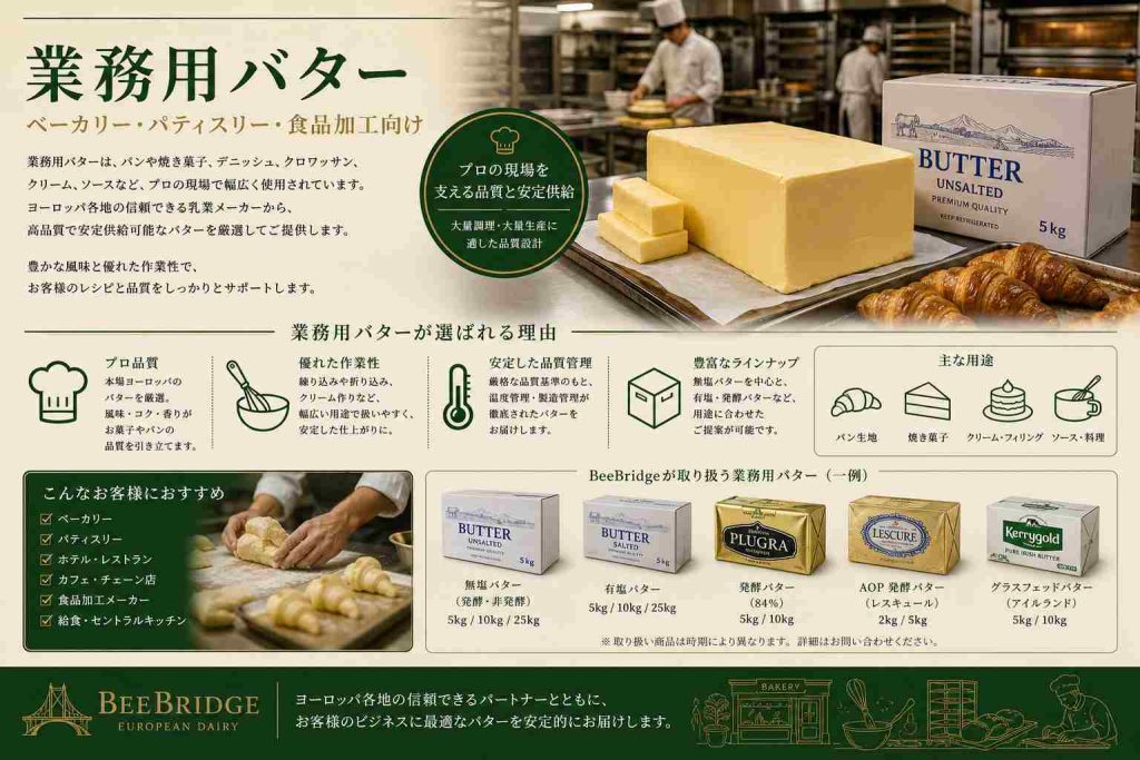 発酵バター
フランスでは20世紀前半まで、多くの地域でクリームを数日間熟成させてからバターを製造していました。この工程によって生まれる独特の香りは、現在でも高級パティスリーやブーランジェリーで重視されています。
日本で「発酵バター」と呼ばれる商品の多くは、フランスの伝統的な製法をルーツとしています。クロワッサンやブリオッシュに使用されることが多く、フランスの代表的なバターカテゴリーの一つです。