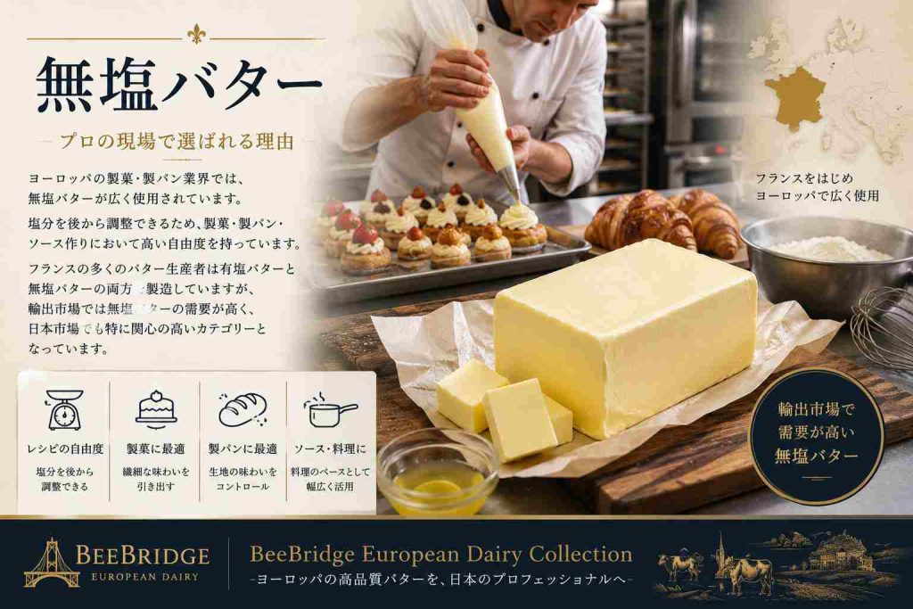 ベーカリー向け業務用バター
ヨーロッパでは5kgブロックや25kgブロックの業務用バターが日常的に流通しています。
クロワッサン専門店、冷凍生地メーカー、大型ベーカリーでは年間数十トン単位でバターを使用することも珍しくありません。そのため職人向け小売バターとは異なる業務用市場が存在しています。